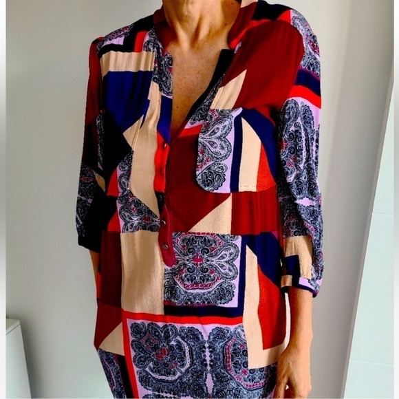 Anthropologie Maeve Mixed Pattern Button Front Dress / Quarter Sleeve / size 4 - Picture 2 of 10